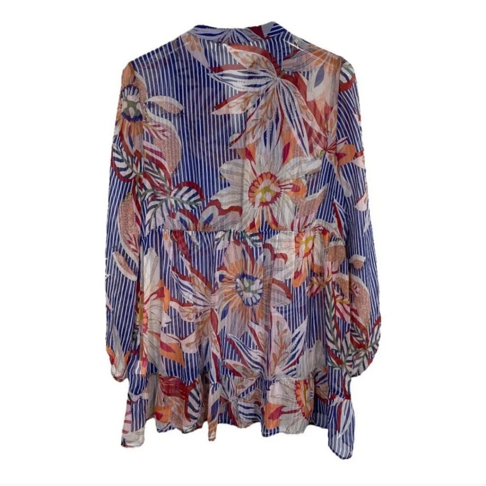 Soft Surroundings Tory Tunic Boho Floral Stripe Print Top Tassel Sheer Sz Large - Picture 4 of 15